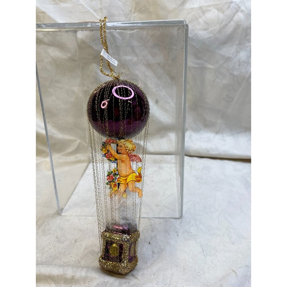 1950s Victorian German Cherub Hot Air Balloon Wire Glass Ornament-NOS RARE FIND